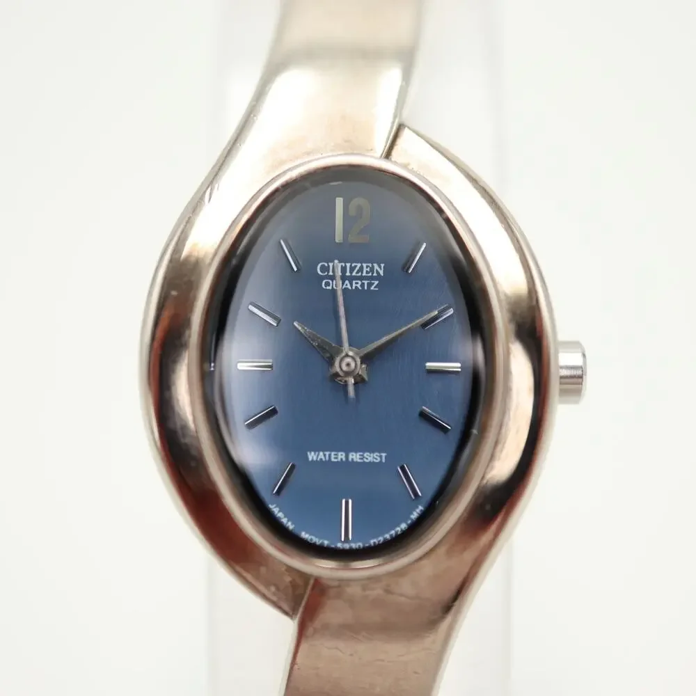 Vintage Citizen Silver Blue Oval Swirl 19mm Women Watch Steel Band w New Battery